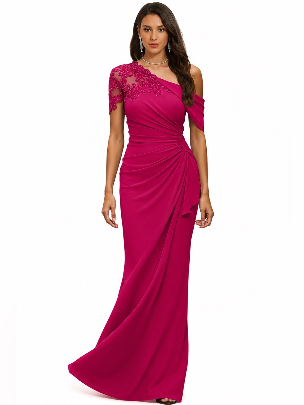 Fuchsia One Shoulder Beaded Sequin Formal Gown Wedding Guest NWT Size 10